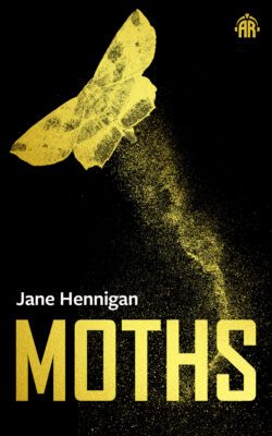 Moths by Jane Hennigan_black background with a golden moth flying leaving dust behind