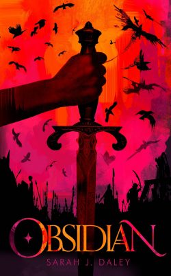 Obsidian cover image – a hand holds a dagger on an orange and pink background with black birds flying